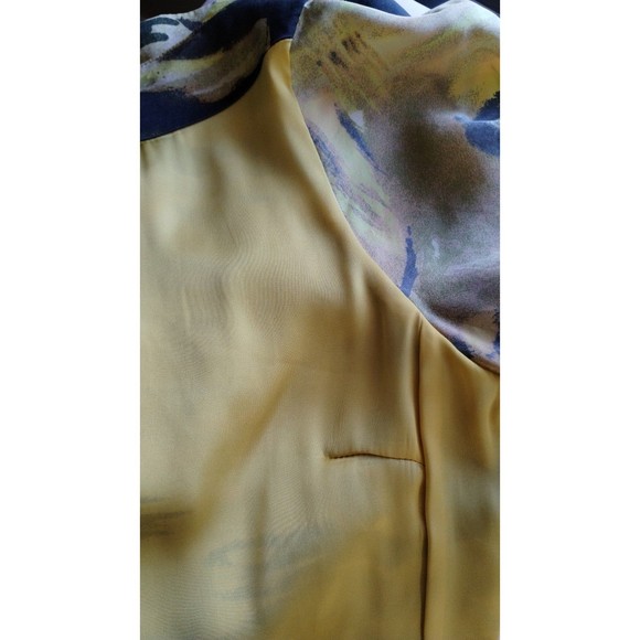 100% Silk Abstract Yellow Black Zip Scoop Neck Ruche 3/4 Sleeve Size XS Dress - Picture 11 of 12